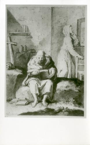Estudio de ermitaño sentado leyendo y una mujer de pie (José Camarón y Meliá)
