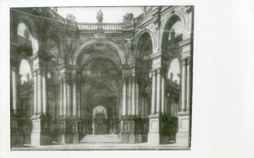 Estudio de perspectiva escenográfica con cartela de Fernando VI (Giacomo Pavia)
