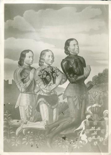 Detalle de tres caballeros ofreciendo trofeos militares a la Virgen