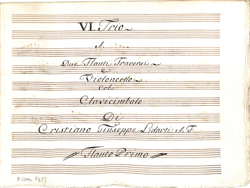 VI trio a due flauti traversi e violoncello col clavicimbalo [Música manuscrita] / di Cristiano Giuseppe Lidarti.