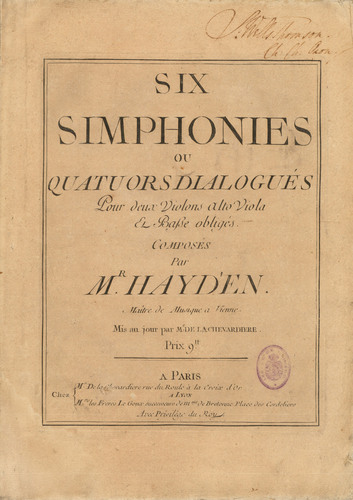 Six simphonies ou Quatuors dialogués pour deux violons alto viola et basse obligés / composés par Mr. Hayd'en.