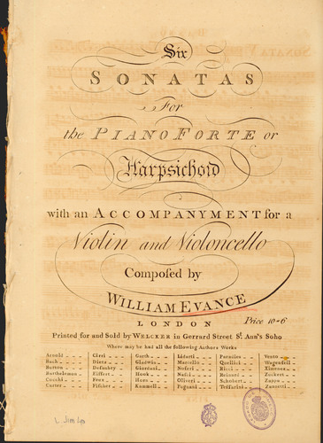 Six sonatas for the pianoforte or harpsichord with an accompanyment for a violin and violoncello / composed by William Evance.