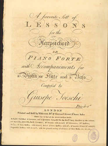 A favorite sett of lessons for the harpsichord or piano forte with accompaniments for a violin or flute and a bass / composed by Giusepe Toeschi.