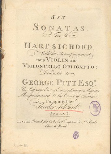 Six sonatas for the harpsichord, with accompanyment for a violin and violoncello obligatto, op. 1 / composed by Theodor Schmid.
