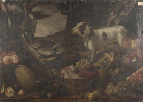 Bodegón de caza y frutas con un perro