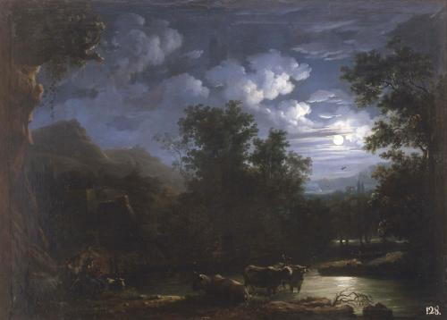 Paisaje de luna con vacas y pastor