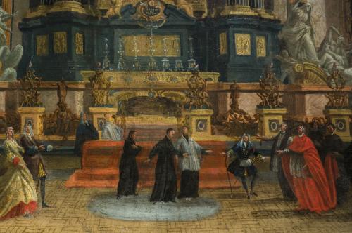 Presentación al público en 1698 de la capilla y el altar de San Ignacio de Loyola, obra de Andrea Pozzo, en el crucero de la Iglesia de “El Gesú” de Roma.