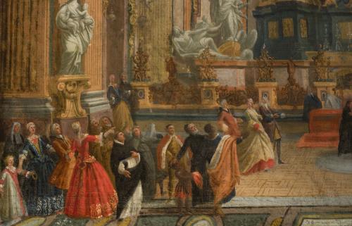 Presentación al público en 1698 de la capilla y el altar de San Ignacio de Loyola, obra de Andrea Pozzo, en el crucero de la Iglesia de “El Gesú” de Roma.