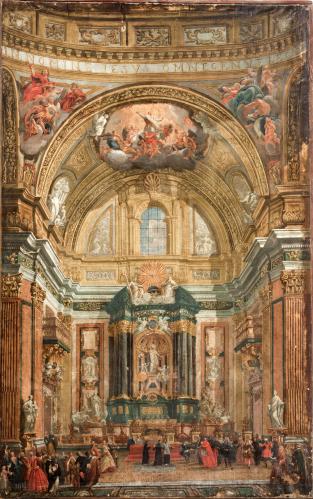 Presentación al público en 1698 de la capilla y el altar de San Ignacio de Loyola, obra de Andrea Pozzo, en el crucero de la Iglesia de “El Gesú” de Roma.