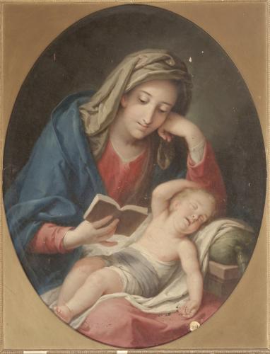 Virgen leyendo con el Niño dormido