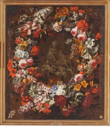 Orla de flores con la Virgen, el Niño y San Juan