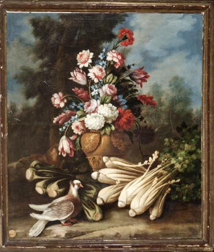 Flores y hortalizas, con paloma