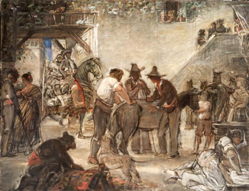 Hombres ensillando una caballería (abocetado)