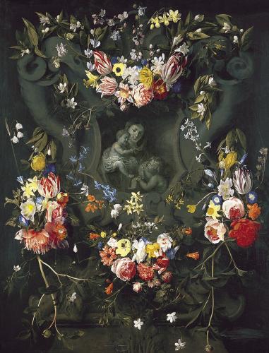Guirnalda de flores con la Virgen, el Niño y San Juanito